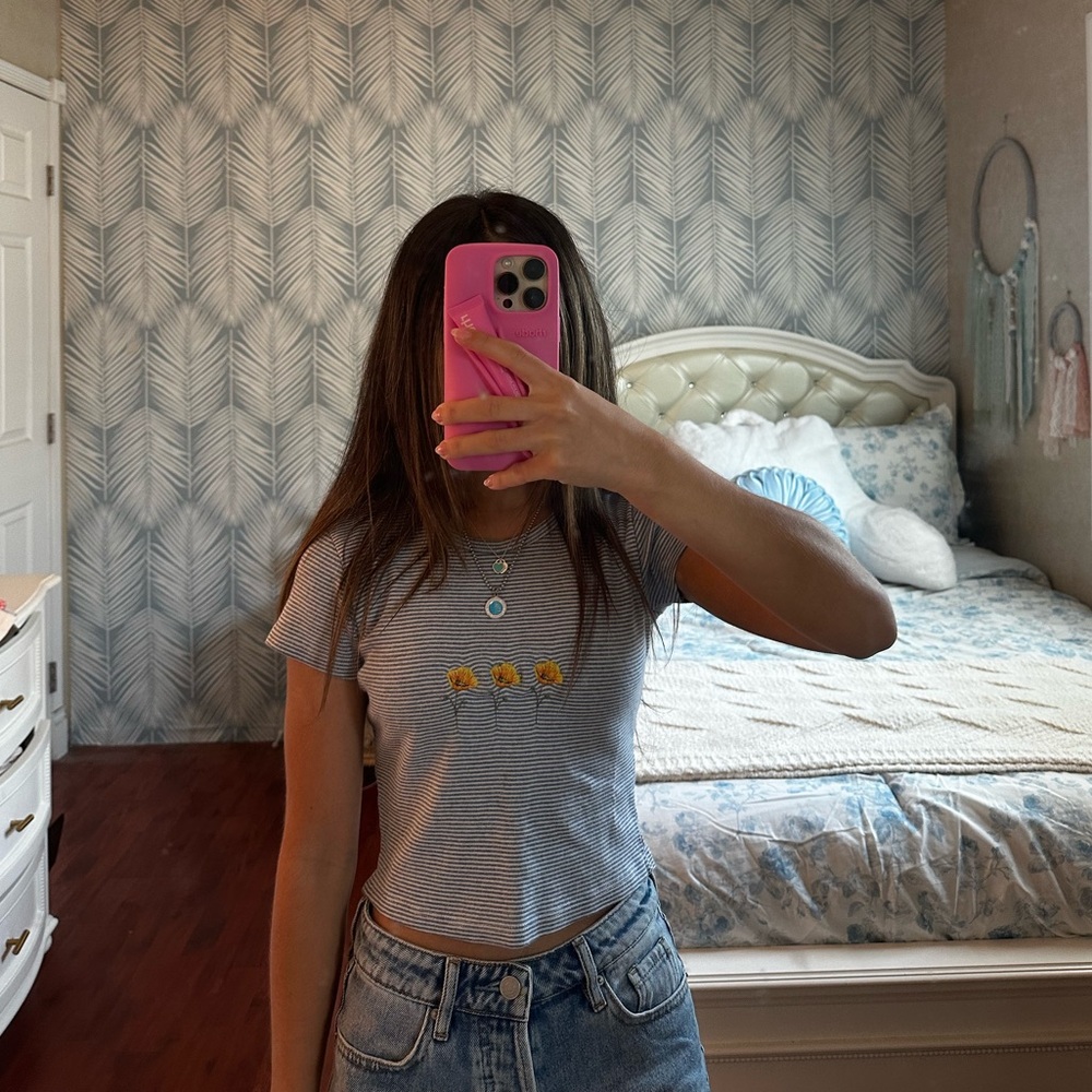 Brandy Melville Striped Embroidered Ashlyn Top